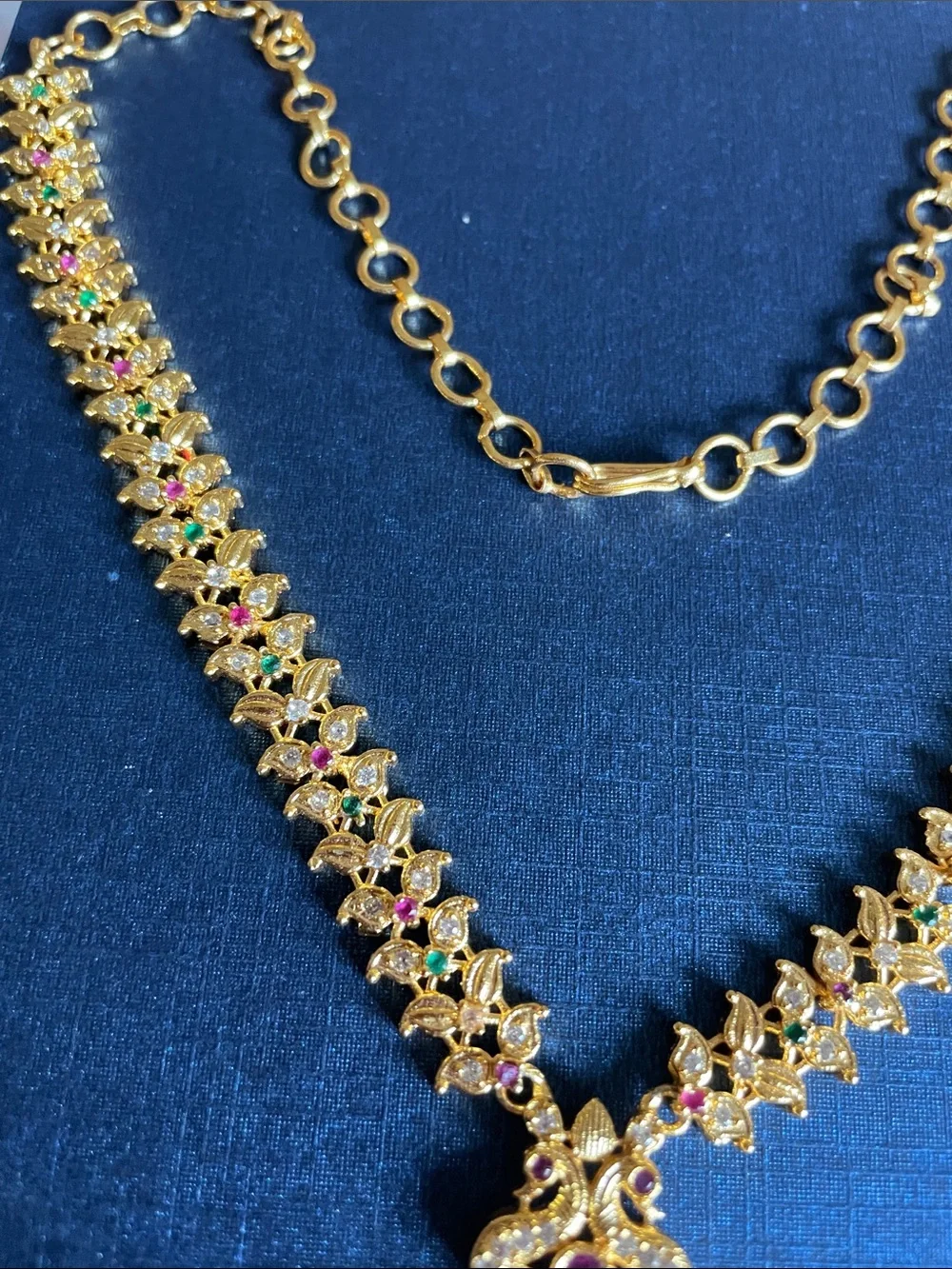 Gold-tone Women’s Statement Pendant Necklace with Ruby and Emerald Accents
